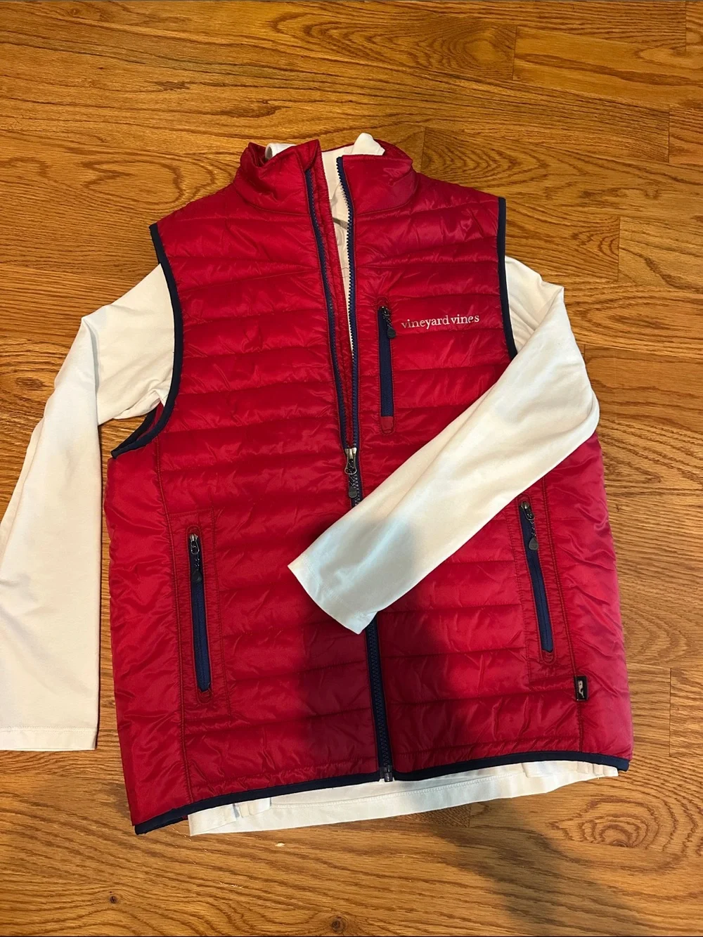 Vineyard Vines Red Quilted Vest with Navy Trim and white collared long sleeve